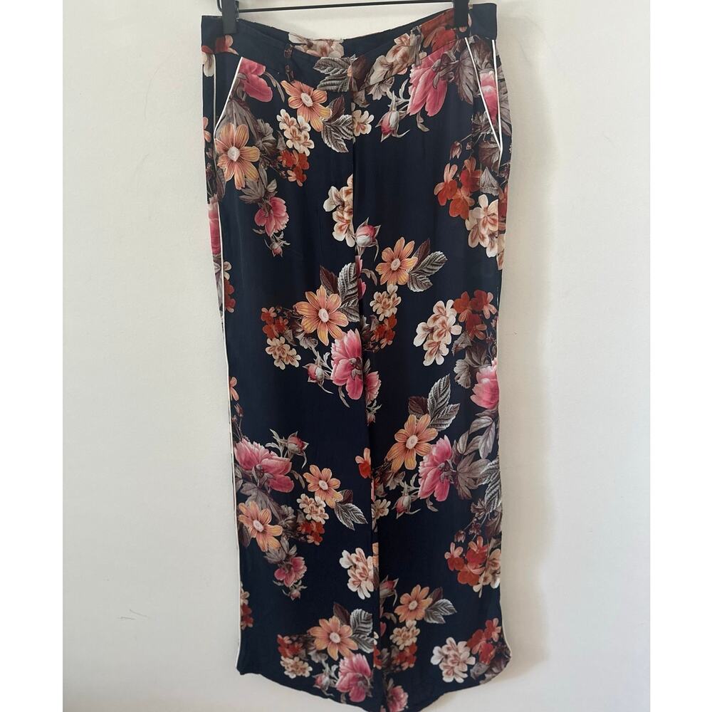 Nicholas Floral Trouser Pants Women's Medium Navy Blue Flower Print Wide Leg